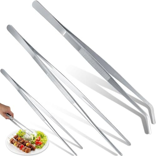 QUNLIUJIAO 3 Stück Edelstahl Kochpinzette, Küchenpinzette, Grillpinzette, Fleischpinzette, Pinzette Kochen, Silber, Modern