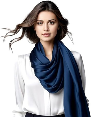 LA FERANI Damen Seidenschal 100% Seide Halstuch Seidentuch 180x90cm Uni Farbe für Anzug formelle Anlässe Stola Business Stil leicht Geschenk für Sie (Dunkel Blau)