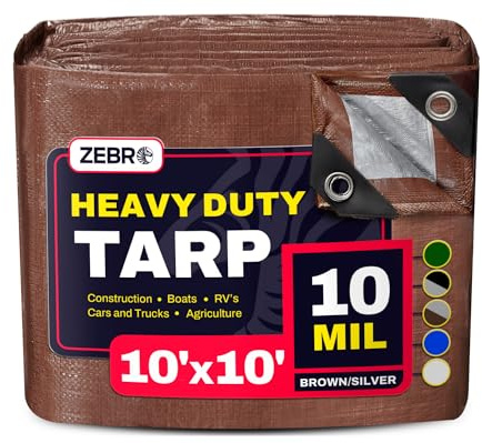 10' x 10' Brown/Silver Heavy Duty Tarp with Grommets Reinforced - 10 Mil Thick - Double Sided Plastic Waterproof Tarps - Large Tarpaulin Cover for Outdoor Camping Tent Tarp RV Roof Rain - Zebro