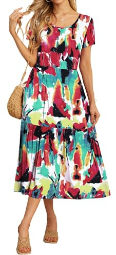 GRECERELLE Womens Summer Maxi Dress Casual Short Sleeve Crew Neck Swing Flowy Tiered Party Dresses with Pockets for Weddings, Holidays (White Ink Red, XL)