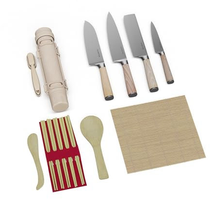 KLARSTEIN ensemble professionnel de 15 pièces pour faire des sushis avec 4 couteaux inoxydables, bois de frêne, pratique et amusant, kit sushi pour une expérience famille ou entre amis