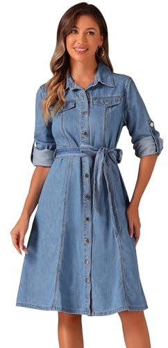 Allegra K Dam denimskjorta klänning långärmad knappslå bälte jeansklänning, ljusblå, XS