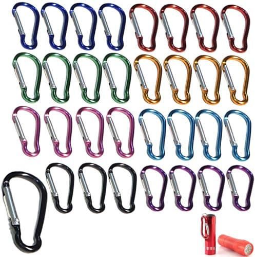 SULIUDAJI 32pcs Petit Mousqueton Aluminium Mini Mousqueton Porte Clé Léger Et Résistant Pour Randonnées Camping Pêche Voyages (3,5 x 46 mm, Argent, Forme D, Non-locking)