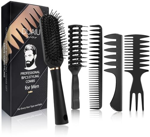 DUAIU Pettine Uomo,5Pcs Pettine Capelli Uomo,Spazzola Capelli Ricci,Spazzola Piatta,Resistente AI Calore Spazzola Ricci Styling,Pettine Denti Larghi per L'asciugatura a Soffio,Taglio,Slick Back