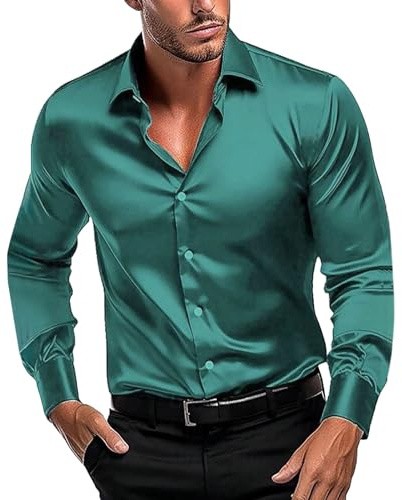 Generisch Camicia da uomo lucida, slim fit, in raso, a maniche lunghe, elasticizzata, per il tempo libero, da uomo, leggera, senza stiratura, da uomo, per feste, comoda ed elegante, verde, XL