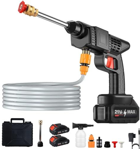 Hidrolavadora Inalámbrica Portátil, 21V Pistola de Agua Alta Presión con 2 Baterías y Manguera de 5m, Hidrolimpiadora de Alta Presión, Boquilla Ajustable para Jardín/Coche/Patio/Limpieza Suelos/Riego