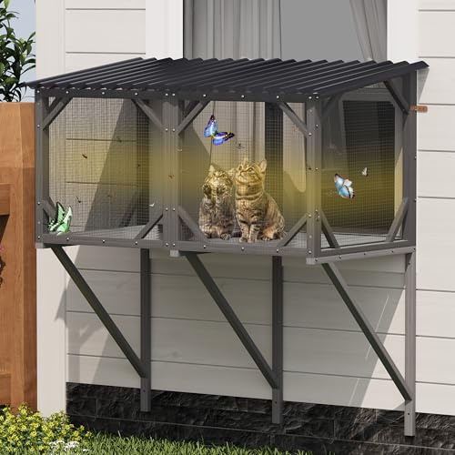 OTXIINXIIN 43.3 Window Box with Mosquito Net – Wall-Mounted Outdoor Catio for 1–4 Indoor Cats, Solid Wood Perch for Sunbathing, Napping & Bird Watching – All-Weather Enclosure