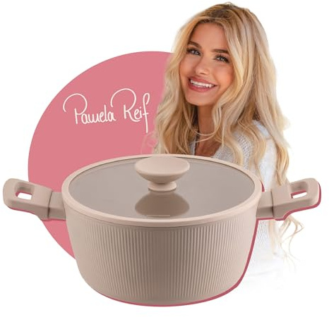 Fackelmann x Pamela Reif Kochtopf mit Glasdeckel Ø 24 cm – Pastell-Beige, geschmiedetes recyceltes Aluminium, PFAS-freie keramische Beschichtung, für alle Herdarten geeignet