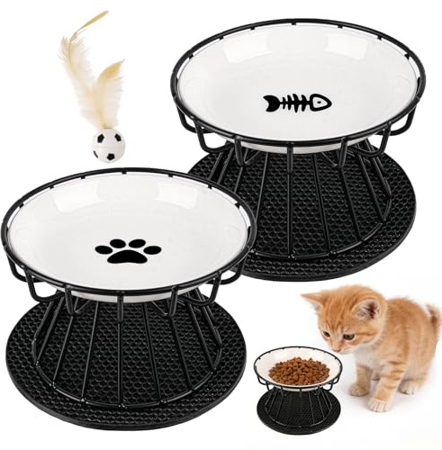 2 Piezas Comedero Gato Elevado Cuenco Cerámica Gato Elevado 10 cm con Soporte y Antideslizante Alfombrilla, Platos para Gatos Elevados para Agua y Comida