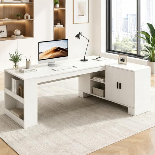 Tazyee Bureau Direction avec Meuble de Gauche/Droite, Grand Bureau Informatique avec Armoire Fermée & Étagères Ouvertes, Bureau Moderne pour Bureau, Télétravail, Salle d'Étude