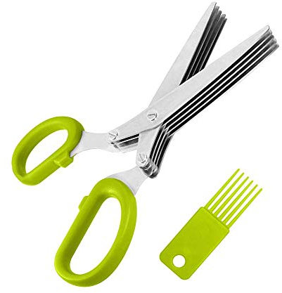 Ciseaux pour herbes à 5 lames,Ciseaux de Cuisine Multi-usages Ciseaux à Herbes,Lames en Acier Inoxydable avec Peigne de Nettoyage(Vert)