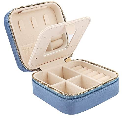Casiwaft Mini coffret à bijoux de voyage en velours avec miroir, Boîte à bijoux de voyage pour filles et femmes, Petit organisateur de bijoux pour bagues, boucles d'oreilles, colliers, Bleu