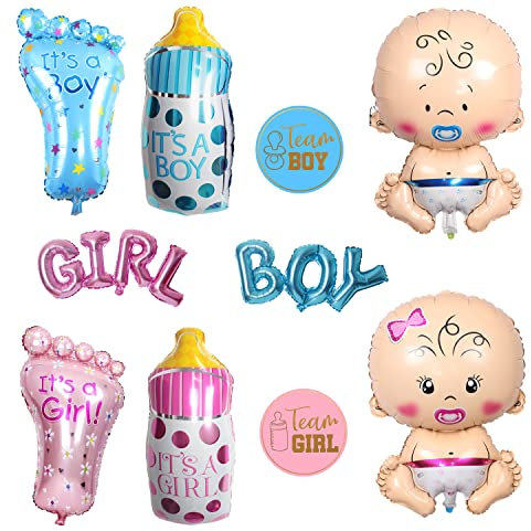 Palloncini in alluminio da 8 pezzi per bambini e adesivi di genere 4 pezzi, palloncini per bottiglie di piede, adesivi di genere, palloncini per ragazze e ragazzi per la festa di rivelazione di genere