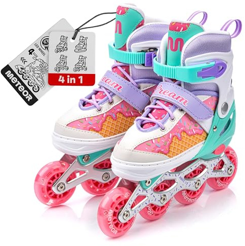 Inlines Rullskridskor Barn 4-i-1 set Rullskridsko för Barn Justerbar Rullskor Skridskor Rollerblades för Nybörjare med Självlysande Hjul METEOR