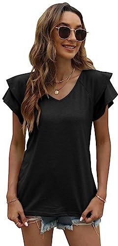 QKEPCY T Shirt Donna Estive Sbuffo Maniche Corte con Scollo a V e Balze Manica Corta Magliette Donna Elegante Rilassato Bluse e Camicie da Donna (Nero XXL)
