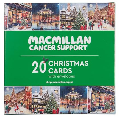Macmillan Village Scenes Charity Christmas Cards – Pack of 20 Luxury and Eco-Friendly Christmas Cards. Boxed Multipack of 4 Seasonal Christmas Designs. 127x127mm Card Size.
