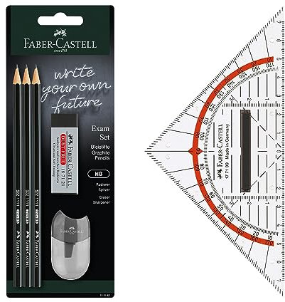 FABER-CASTELL 205067 - Bleistift Exam Set mit Geodreieck 14 cm, Bleistifte HB, Radiergummi und Spitzer