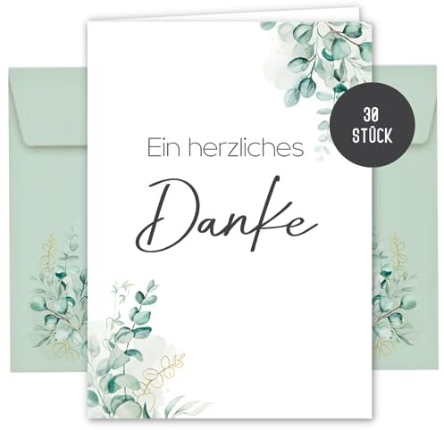 30 Dankeskarten inkl. Umschläge für Hochzeit, Standesamt, Geburtstag, Baby, Kommunion, Jugendweihe, Taufe | Karte Danke | Klappkarte DIN A6 (Eucalyptus 30 Stück)