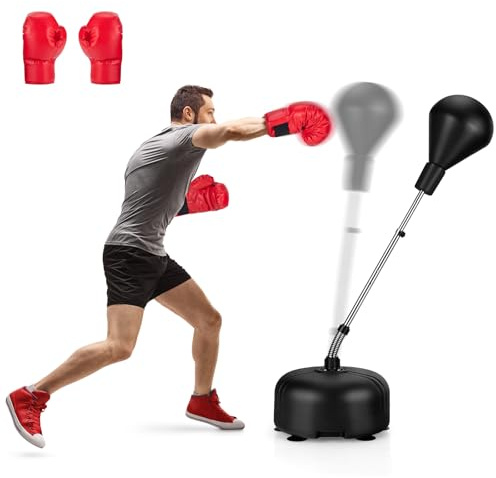 GYMAX Punchingball Boxstand, höhenverstellbar 140-158 cm, Boxbirne stehend mit auffüllbarem Sockel, Bodensaugnäpfen & Boxhandschuhe, Boxsack mit Ständer für Erwachsene (Schwarz)