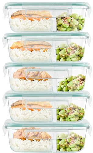 Winter Shore Meal Prep Boxen Glas mit 2 Fächern (5er-Pack) - Lebensmittelsichere, BPA-Freie, Auslaufsichere & Luftdichte Frischhaltedosen Glas mit Deckel - Mikrowellen-, Gefrier- & Spülmaschinenfest