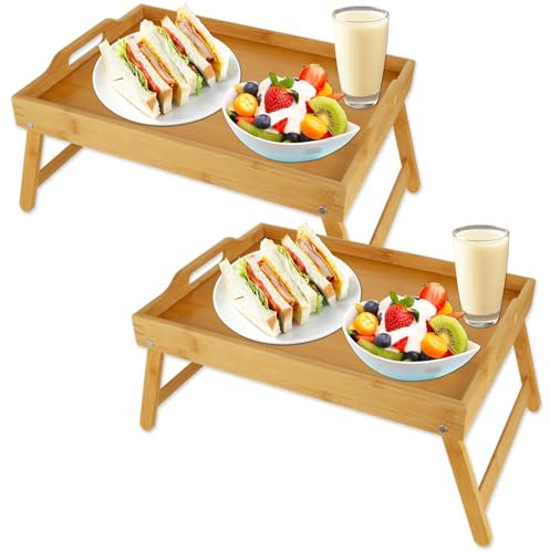 DAJAVE Lot de 2 plateaux de lit en bambou avec pieds pliants pour manger sur les genoux avec poignées, plateau de petit-déjeuner multifonction pour canapé, manger, travail (41,5 x 30 x 20,5 cm)