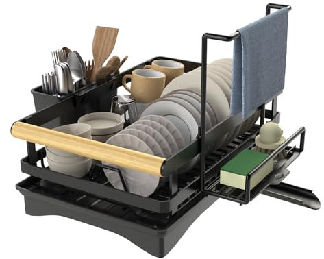 Yawinhe Scolapiatti, con Vassoio Antigoccia e Ugello a Spirale, Multifunzionale con Contenitore per Posate e Porta Stracci, Nero