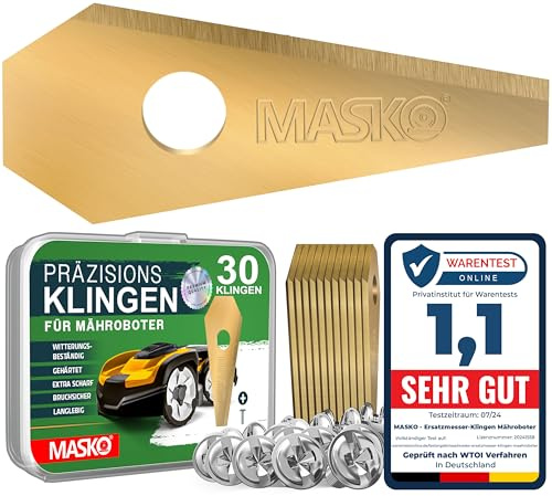MASKO® Ersatzmesser Klingen für Mähroboter | Rasenmäher Messer universal inkl. innovativen Schrauben | Ersatzklingen Rasenroboter langlebig Titan-Beschichtung Kompatibel mit Bosch 30 Stück