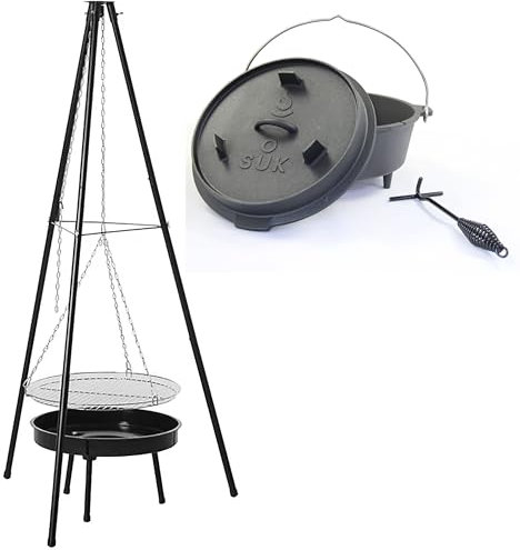 SOUK ONE Barbacoa con tres patas giratorias, incluye olla de fundición, horno holandés, parrilla con cadena, 150 cm de alto, incluye parrilla de 46 cm, incluye brasero de 50 cm, parrilla de carbón