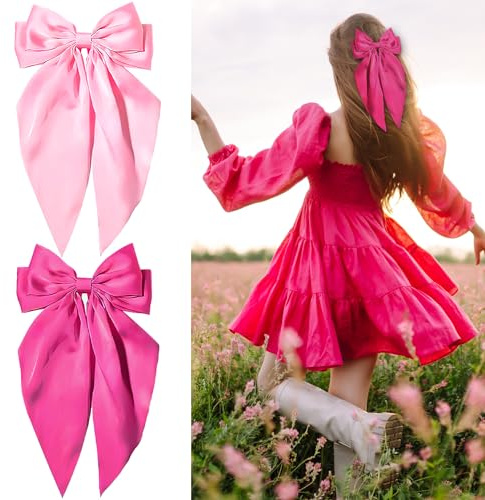2PCS Bow Hair Clip, Bow Clip Hair Bows for Women Big Bowknot Hairpin French Hair Clips with Long Ribbon Soft Satin Silky Hair Bows for Women Girls(Rose red + light pink)