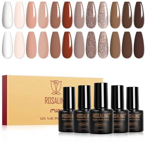 ROSALIND UV Nagellack Set Braun,12 Farben Weiß Nude Braun Glitzer Farbgel Gelnägel, Soak Off UV LED Gel lack Maniküre Geschenkset
