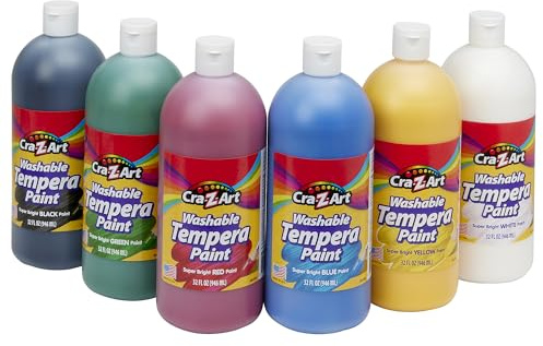 Cra-Z-Art Washable Tempera Paint Bulk Pack 6 Color Set Assorted Colors 32oz each bottle, 6 Super Bright Finger Paint Color, Great Back to School Teacher Supplies