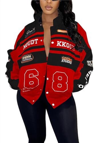 Women's Varsity Jacket Motorcycle Detachable Letter Graphic Racer Vintage Color Block Baseball Coats Streetwear
