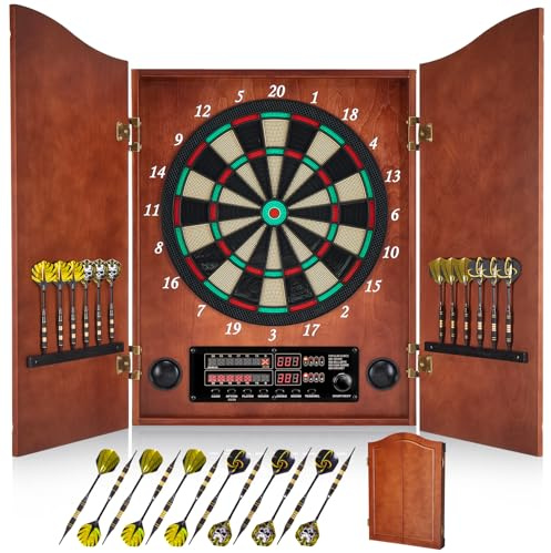 Yirinatek Darttavla Elektronisk, Dekorativ Elektronisk Darttavla Skåpset [12 Brons Soft-tip Pilar] [Cricketspelläge], Professionell E Dart Skiva Med Träskåpsdörrar (Apricot)
