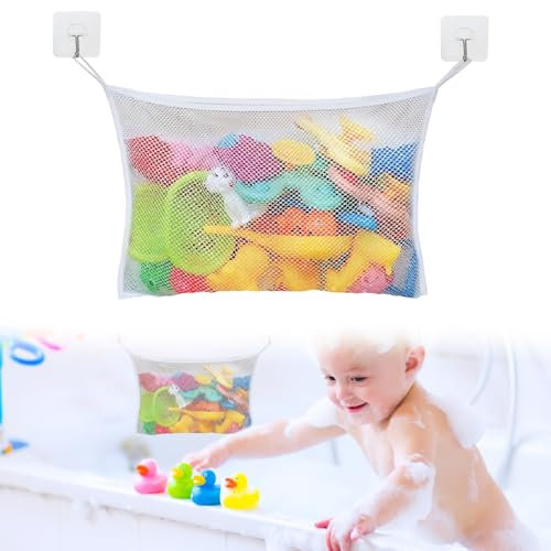 2 Pcs Bath Toy Storage Net Bags, Bath Toy Storage Organiser, Bath Toy Net Bag, Fold Able Bath Net Toy Storage Bath Toy Tidy, Bath Toy Holder, Mesh Bath Toys Bag Toy Storage Bags with Suction Cup