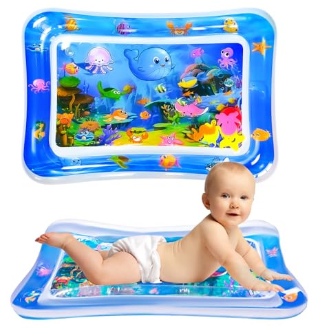 GARNHLOB Alfombra de Agua para Bebés, 70x50 cm Colchoneta de Agua Inflable con Promesa Climática Amigable, Seguro Water Mat Juguete Sensorial para Bebé de 3 a 36 Meses Regalo de Navidad (Azul)