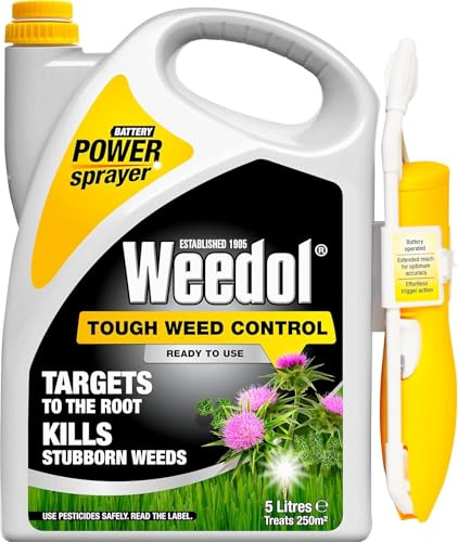 Weedol Tough Weed Control 5L Power Sprayer | Battery Operated Selective Lawn Weedkiller Kills Weeds Not Grass | Targets to the Root | Eradicates Thistles Nettles & Brambles | 5 Litre Continuous Spray
