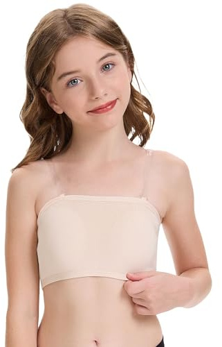 flexdans Seamless Wireless Dance Bras for Girls,Kids Ballet Elastic Bandeau Bras with Clear Adjustable Straps Nude L