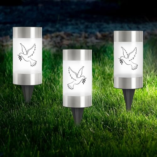 WIYETY Pack of 3 Solar Grave Lights: Solar LED Grave Light with Ground Spike and 3 Dove Stickers, Waterproof Outdoor Cemetery Candle IP55 Grave Light Solar Candles Outdoor for Outdoor Use