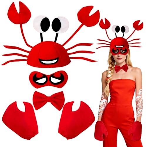 AgagaQx Ensemble Costume de Crabe Drole, 4 Pièces Deguisement Animal Adulte Carnaval Rigolo, Chapeau Noeud Papillon Gants Masque Rouge Vif, Ensemble Déguisement Animaux Voyant pour Cosplay Theme Mer