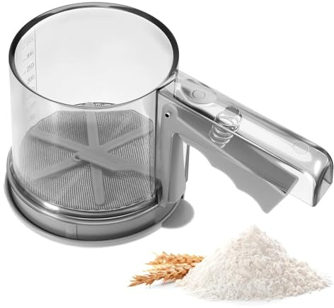 Dulynva Tamizador de Harina de Acero Inoxidable Tamiz de Harina de Una Mano Espolvoreador Cacao Colador de Cocina con Escala Capacidad de 350 Gramos Tamiz Fino de Mano para harina, azúcar Glas