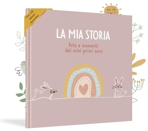 HuBorns - Album Nascita per Incollare Foto e Scritte con +50 Pagine e Adesivi, Album Fotografico Neonato per il Primo Anno fino a 5 Anni, Ideale per Regalo Nascita Bambina e Bambino