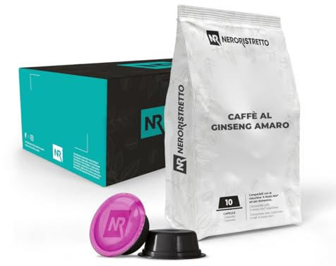 NERORISTRETTO Caffè al Ginseng Amaro Solubile, Senza Saccarosio 50 capsule (5 confezioni da 10) Compatibili con macchine ad uso domestico Lavazza®* A Modo Mio®*, Dosaggio Consigliato 40 ml