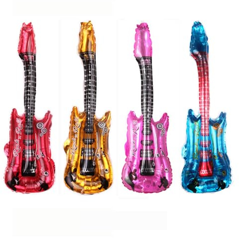 Morndew 4 PCS Red Blue and Gold Guitar Foil Balloons for Stage Properties Parent-child Early Education Supplies Kids Birthday Party Decoration(With one little bells inside)