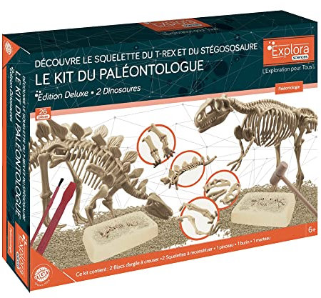 EXPLORA - 2 skelett av dinosaurier - paleontologsats - 039402 - grävgips - upptäcktsats - barnlek - vetenskapsman - äventyr - lekfull - fossil - från 6 år