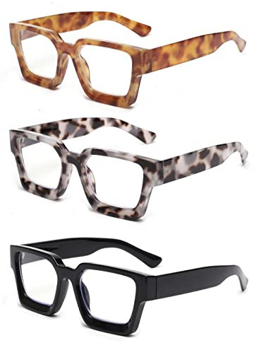 JM 3 Pack Occhiali da Lettura Quadrati, Lettore di Computer con Blocco Della Luce Blu per Donna Uomo +2.5 Nero/Grigio Tartaruga/Giallo Tartaruga