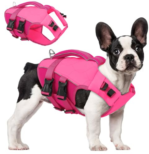 ASENKU Chaleco Salvavidas para Perros con Mango Salvavidas, Chaleco Salvavidas Perro de Alta Flotabilidad, Chaleco de Seguridad Ligero a Prueba de Desgarros con Tiras Reflectantes Rosa M