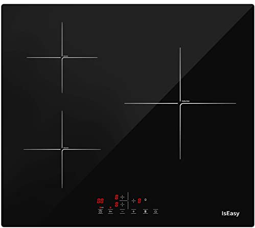 IsEasy Plaque de Cuisson Induction 3 Foyers, Plaque Induction 3 Feux, Encastrable 59cm, 5800W, 3 Booster, Minuterie, Commande Tactile, Verrou Enfants, Grand Feu de 26 cm