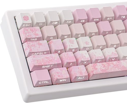 PBT Keycaps 131 Keys Custom Pink Cherry Blossom Keycaps Set Letter Side Engraved Transparent Keycap ANSI Layout for Cherry MX Switches Mechanical Keyboards