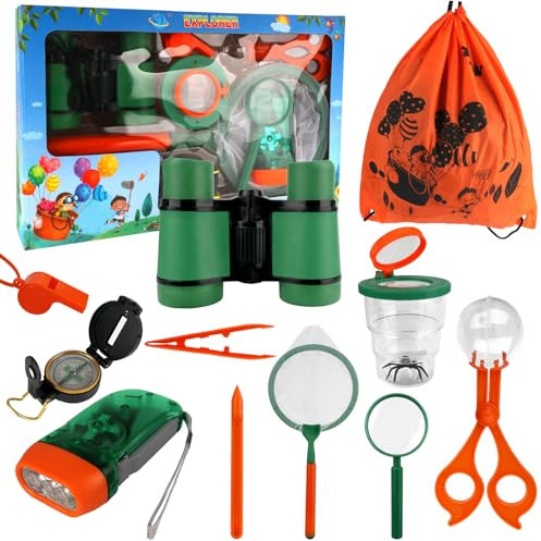 Hojalis Forscher-Set für Kinder: 11-teiliges Entdecker-Set mit Fernglas, Insektenfänger, Kompass, Becherlupe, Rucksack, Insektenklammern, Pinzette für Naturerforschung und Camping
