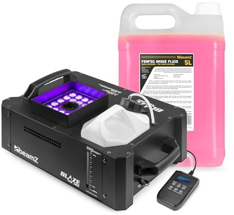BeamZ BLAZE1800 - Máquina de humo CO2 profesional 1800W con LEDs RGBA, control DMX 8 canales, mando inalámbrico y por cable, depósito 2800ml, incluye 5L de líquido de humo rápido